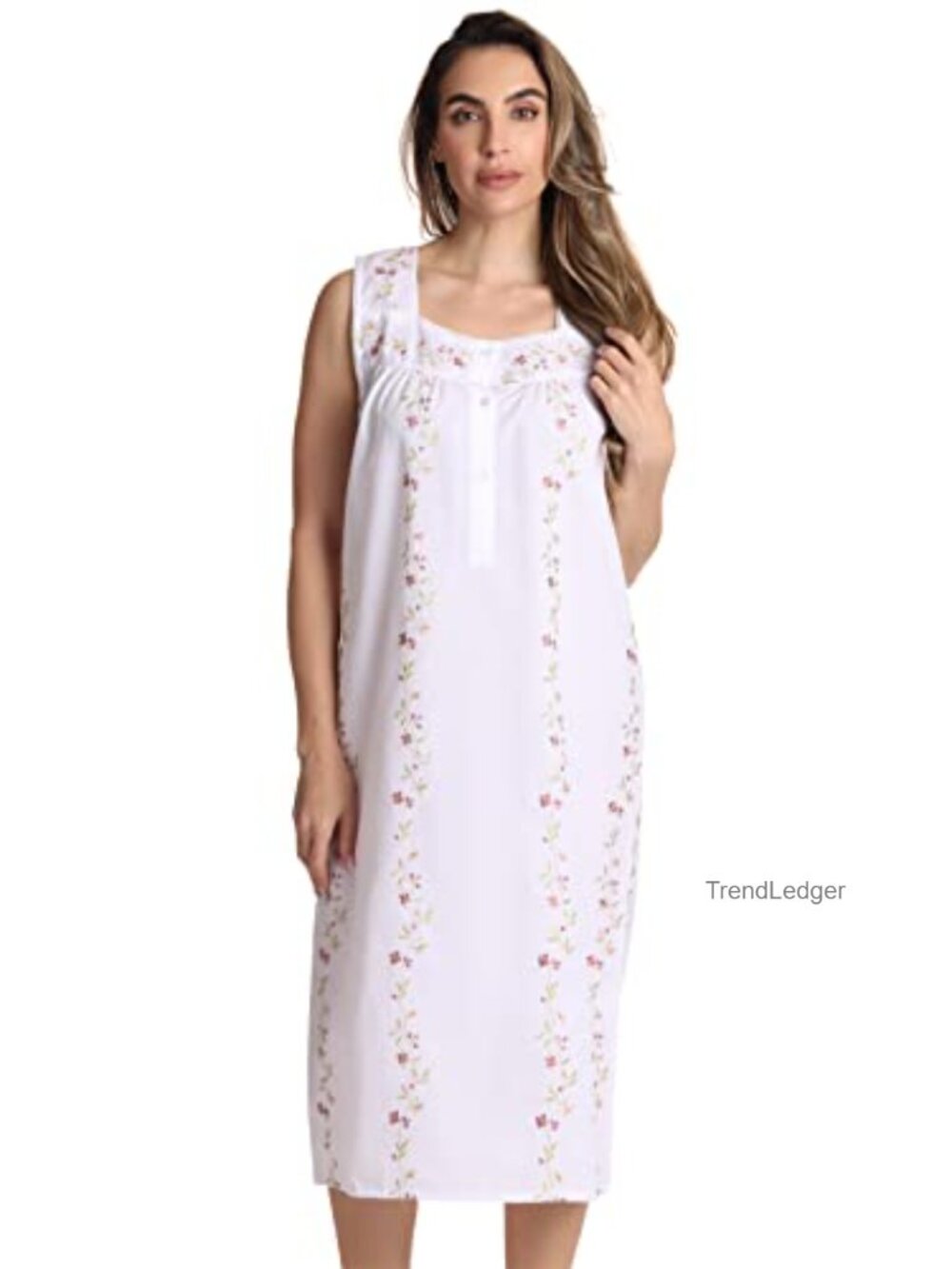 Sleeveless Nightgown Cotton Blend Floral Embroidered Sleep Dress